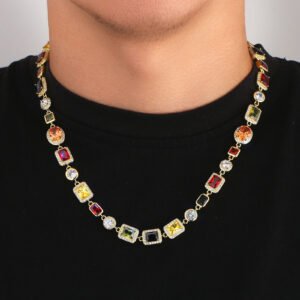 USA Stock Gorgeous Mixed Gemstone Tennis Chain 5A CZ Gem 18K Gold Plated Vintage Multi Colored Jewelry Necklace For Women Men